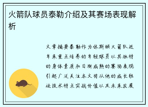 火箭队球员泰勒介绍及其赛场表现解析