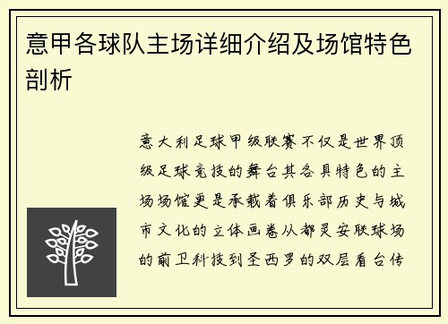 意甲各球队主场详细介绍及场馆特色剖析