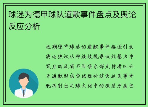 球迷为德甲球队道歉事件盘点及舆论反应分析